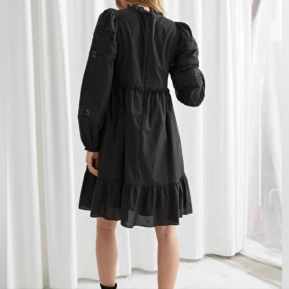 & Other Stories Boho Black Poplin Lace Cotton Long Sleeve Mini Dress Black SZ 0 - Picture 2 of 15